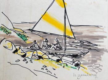Yellow Stripe Sailboat - Marker/Wash #019